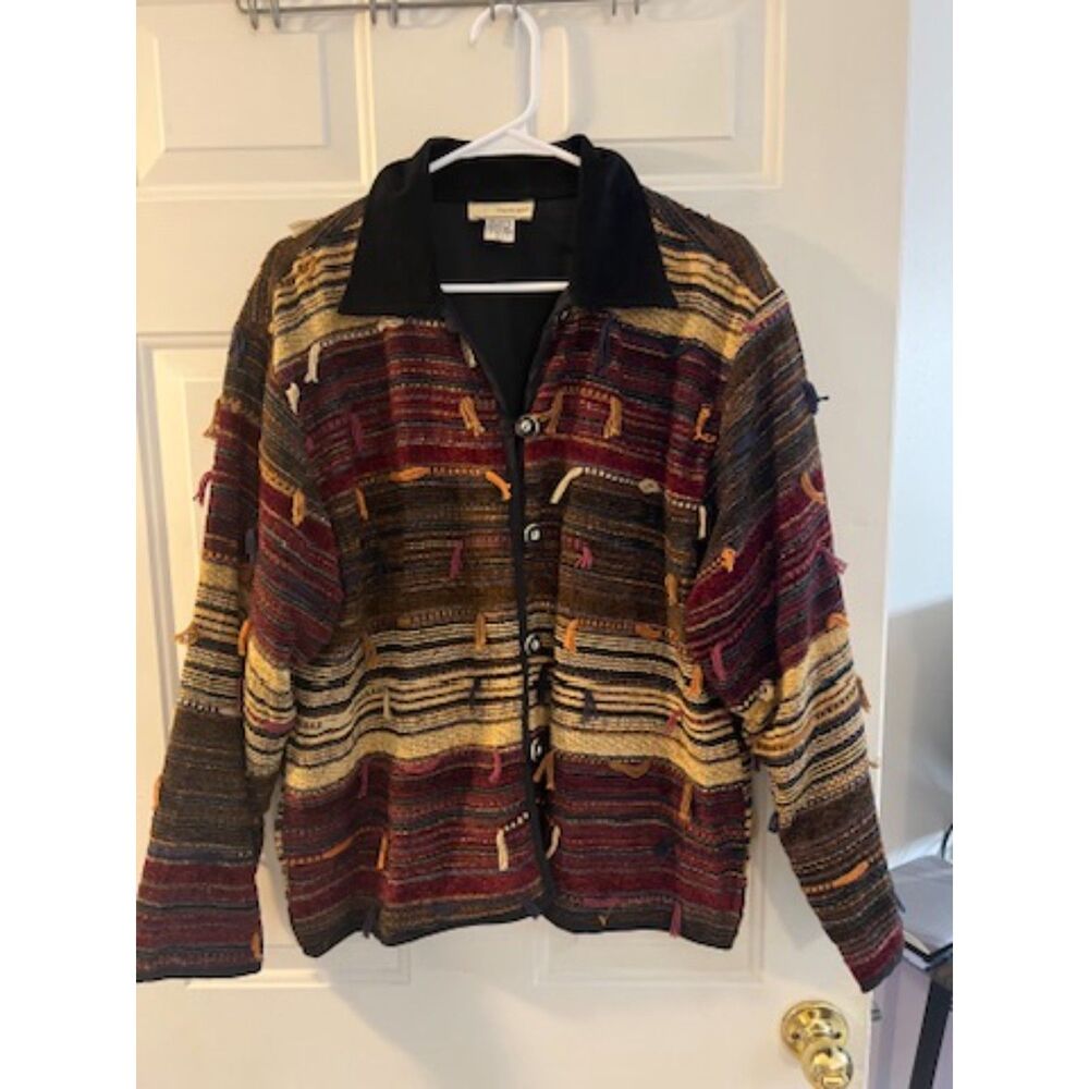 Vtg Carrie Allan Textured Knit Cardigan Sweater Boho Stripe Tassel Button Large